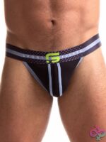 Sport Fucker Jersey Jock in black cotton-spandex blend by 665 Leather, bold branded waistband, large size