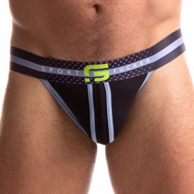 Sport Fucker Jersey Jock in black cotton-spandex blend by 665 Leather, bold branded waistband, large size