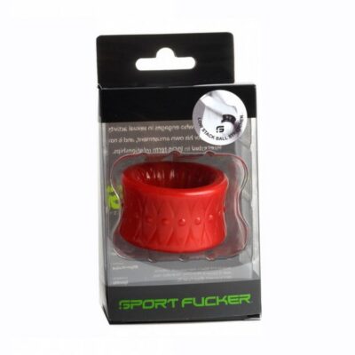 Sport Fucker Low Stack Ball Stretcher in blue, clear, and red TPE on neutral background