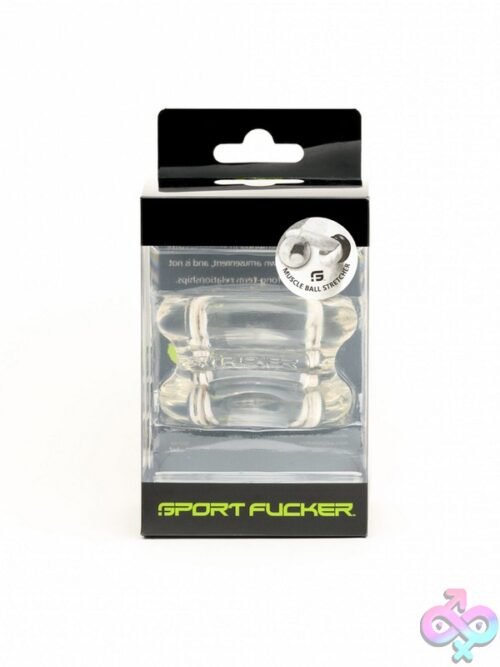 Sport Fucker Muscle Ball Stretcher Tpe In Black, Red, And White On Neutral Background
