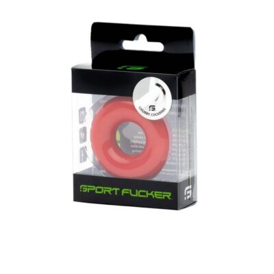 Red stretchy TPE donut cock ring by 665 Leather shown against neutral background