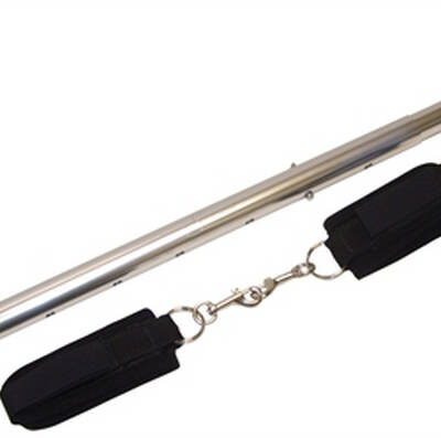 Expandable Spreader Bar and Cuff Set by Sportsheets in silver, adjustable 29 to 37 inches