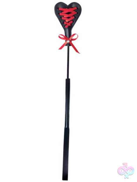 Heart Beat Crop Sex and Mischief by Sportsheets — black dual-sided riding crop with red lace corset detail