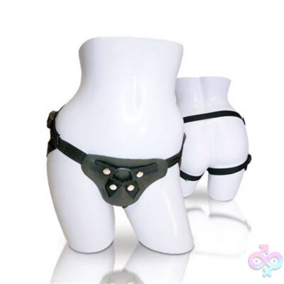 Latigo Leather Strap on Black harness by Sportsheets — adjustable 4-way straps with metal O-ring