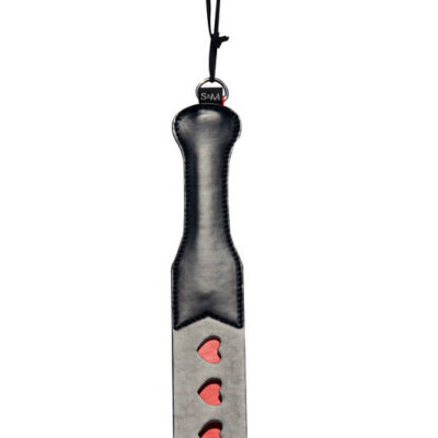 Sex and Mischief Heart Paddle by Sportsheets — black and red paddle with heart cutouts