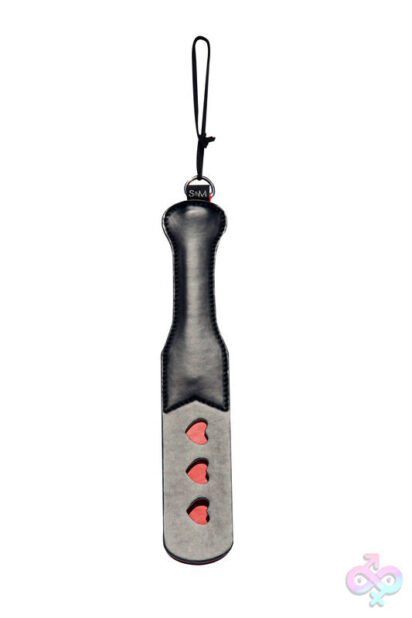 Sex and Mischief Heart Paddle by Sportsheets — black and red paddle with heart cutouts