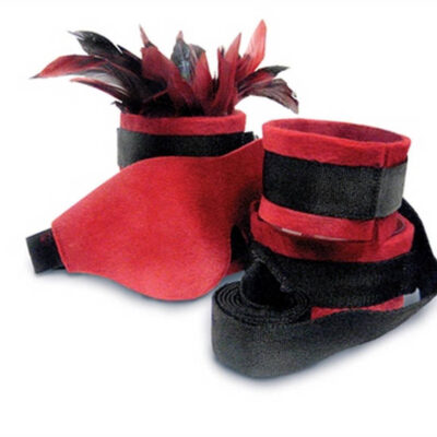 Sexy Submissive Kit in red by Sportsheets — bondage set with eye mask, feather headpiece, and wrist cuffs