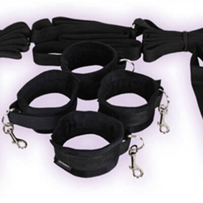 Under the Bed Restraint System by Sportsheets in black — 4 adjustable cuffs with connecting straps