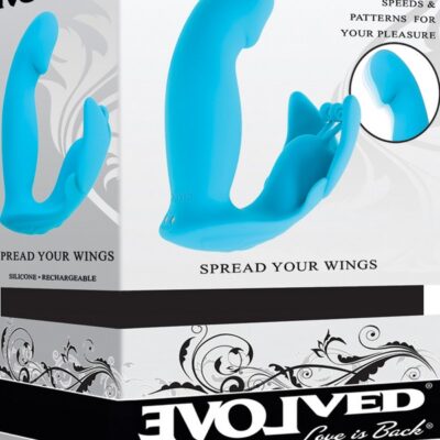 Blue butterfly rabbit vibrator with flexible wings and come-hither shaft by Evolved Novelties