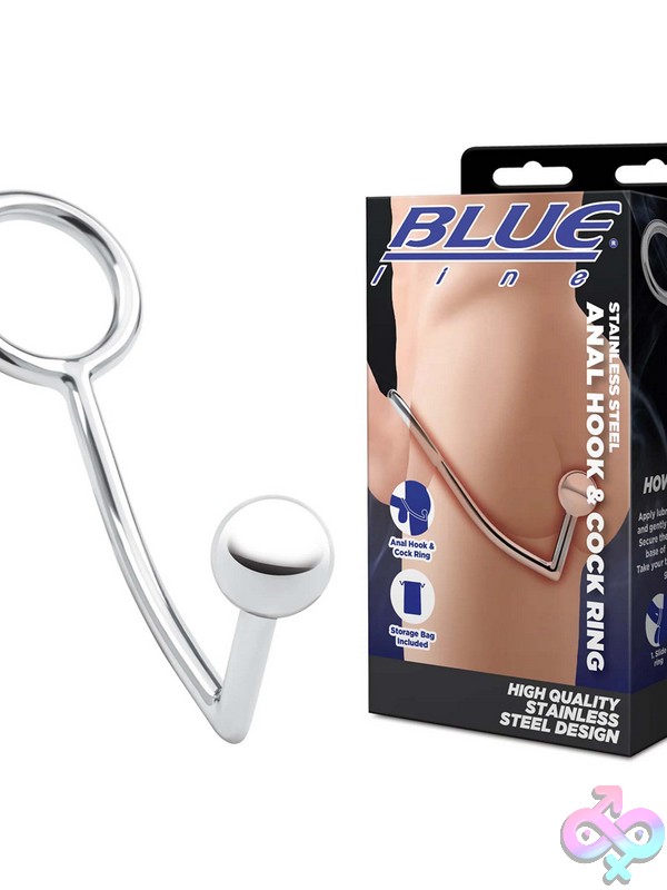 Discreet-Toys-Stainless-Steel-Anal-Hook-Cock-Ring-Nu-Blm9017 Polished Silver Stainless Steel Anal Hook And 45Mm Cock Ring By Blue Line Men