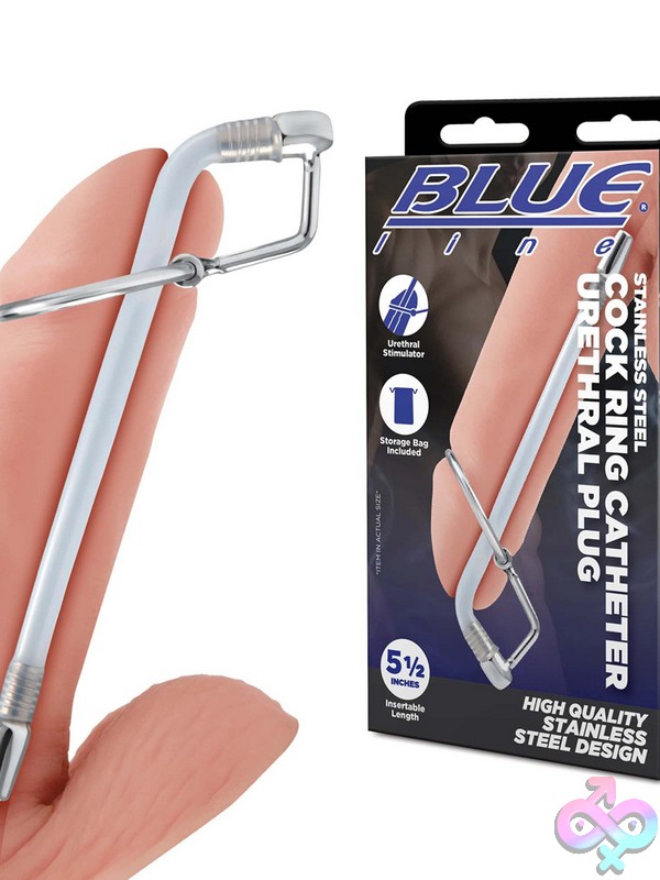 Discreet-Toys-Stainless-Steel-Cock-Ring-Catheter-Urethral-Plug-Nu-Blm9006 Polished Stainless Steel Cock Ring With Catheter-Style Urethral Plug By Blue Line Men