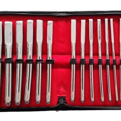 14-piece single-ended stainless steel Hegar dilator set in silver by Rouge Garments