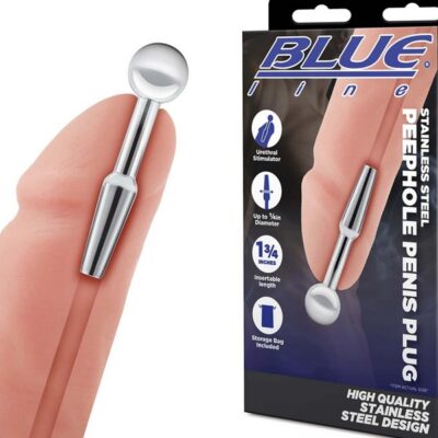 Polished silver stainless steel peephole penis plug by Blue Line Men