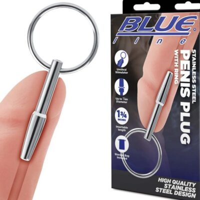 Tapered silver stainless steel penis plug with attached ring by Blue Line Men