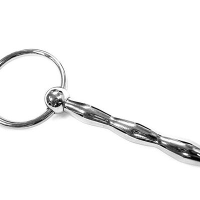 Ribbed stainless steel urethral probe with ring pull in silver by Rouge Garments
