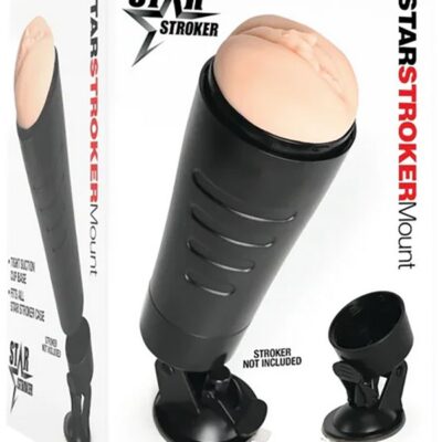 Black hands-free suction cup mounting stick by Star Stroker secured to a flat surface
