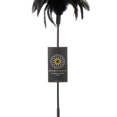 Starburst feather tickler wand in black and red on a dark sensual background