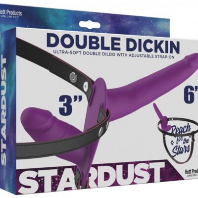 Double Dickin dual-penetration strap-on harness set in purple silicone by Hott Products