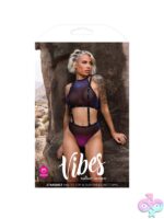 Iridescent mesh halter top and suspender bottoms set with UV-reactive star-printed elastic in purple