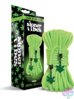 32-foot glow-in-the-dark green bondage rope by Stoner Vibes Chronic Collection coiled on dark background