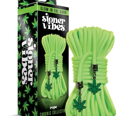 32-foot glow-in-the-dark green bondage rope by Stoner Vibes Chronic Collection coiled on dark background
