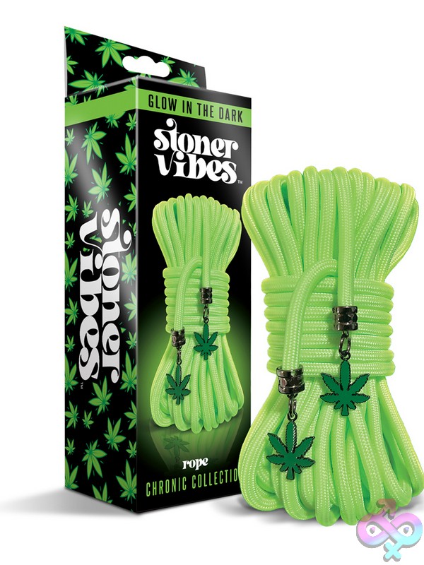 Discreet-Toys-Stoner-Vibes-Chronic-Collection-Glow-In-The-Dark-Rope-32-Feet-Nu-Gn-2000144 32-Foot Glow-In-The-Dark Green Bondage Rope By Stoner Vibes Chronic Collection Coiled On Dark Background