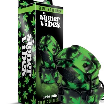 Glow-in-the-dark green wrist cuffs by Stoner Vibes Chronic Collection shown against dark background