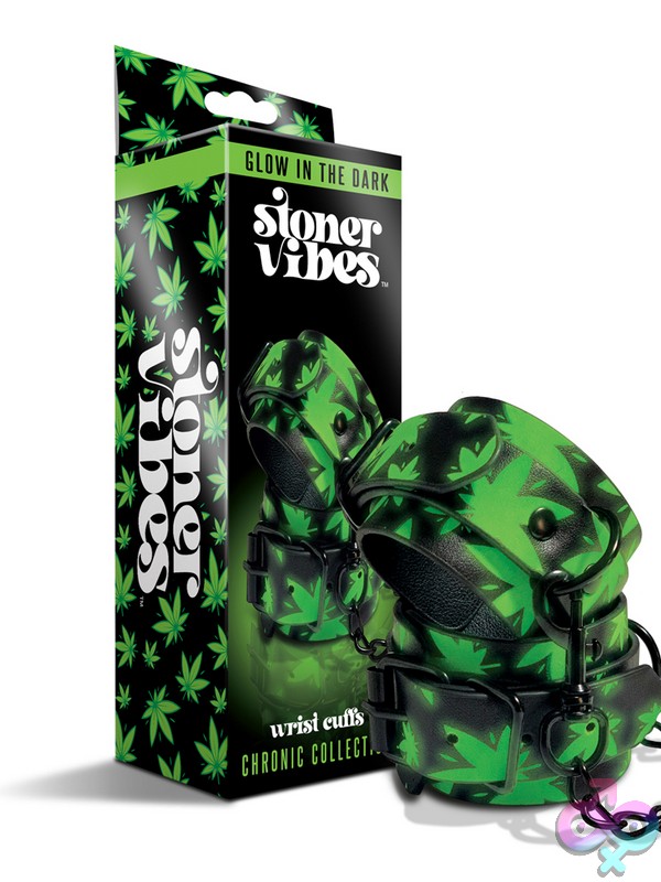 Discreet-Toys-Stoner-Vibes-Chronic-Collection-Glow-In-The-Dark-Wrist-Cuffs-Nu-Gn-2000134 Glow-In-The-Dark Green Wrist Cuffs By Stoner Vibes Chronic Collection Shown Against Dark Background