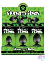 12-piece black silicone anal plug counter display with cannabis leaf charm by Stoner Vibes