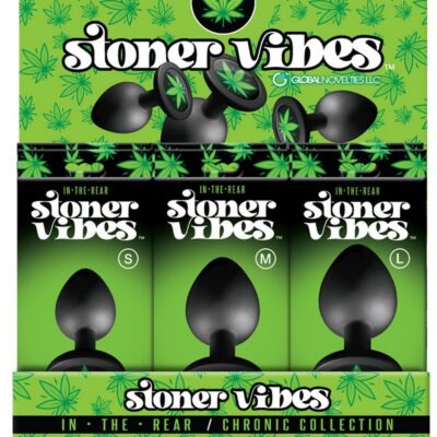 12-piece black silicone anal plug counter display with cannabis leaf charm by Stoner Vibes