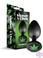 Stoner Vibes Chronic Collection anal plug in black silicone with cannabis leaf charm, shown in three sizes