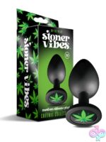 Stoner Vibes Chronic Collection anal plug in black silicone with cannabis leaf charm, shown in three sizes