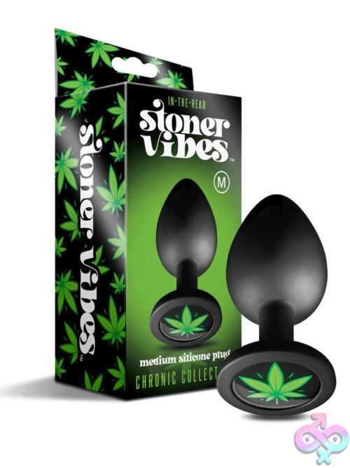 Stoner Vibes Chronic Collection Anal Plug In Black Silicone With Cannabis Leaf Charm, Shown In Three Sizes