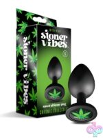 Stoner Vibes Chronic Collection anal plug in black silicone with cannabis leaf charm, shown in three sizes