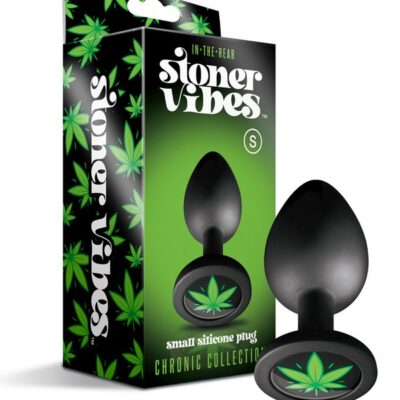 Stoner Vibes Chronic Collection anal plug in black silicone with cannabis leaf charm, shown in three sizes