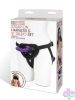 Adjustable purple strap-on harness and 5 inch dildo set by Lux Fetish