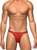 Red floral stretch lace bong thong with comfort-fit pouch by Male Power