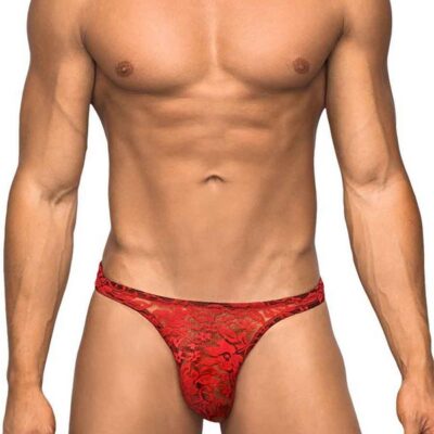 Red floral stretch lace bong thong with comfort-fit pouch by Male Power