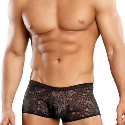 Low-rise floral lace mini short in black by Male Power
