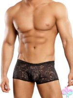 Low-rise floral lace mini short in black by Male Power, men's stretch lingerie short size S