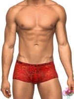 Low-rise red floral lace mini shorts with comfort-fit pouch by Male Power