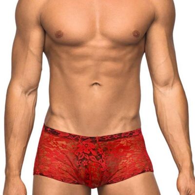 Low-rise red floral lace mini shorts with comfort-fit pouch by Male Power