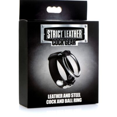 Adjustable black leather and steel cock and ball ring with metal O-ring tether by Strict Leather