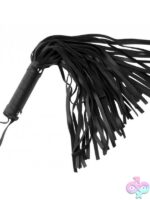Black textured pleather mini flogger with spiral-wrapped handle and silver studs by Xr - Strict Leather