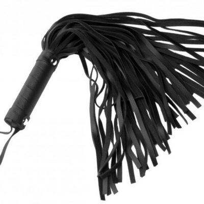 Black textured pleather mini flogger with spiral-wrapped handle and silver studs by Xr - Strict Leather