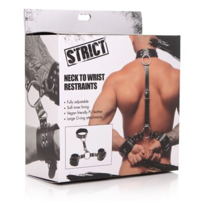 Black PU leather neck to wrist restraints with nickel-free O-rings and adjustable buckle by Xr - Strict