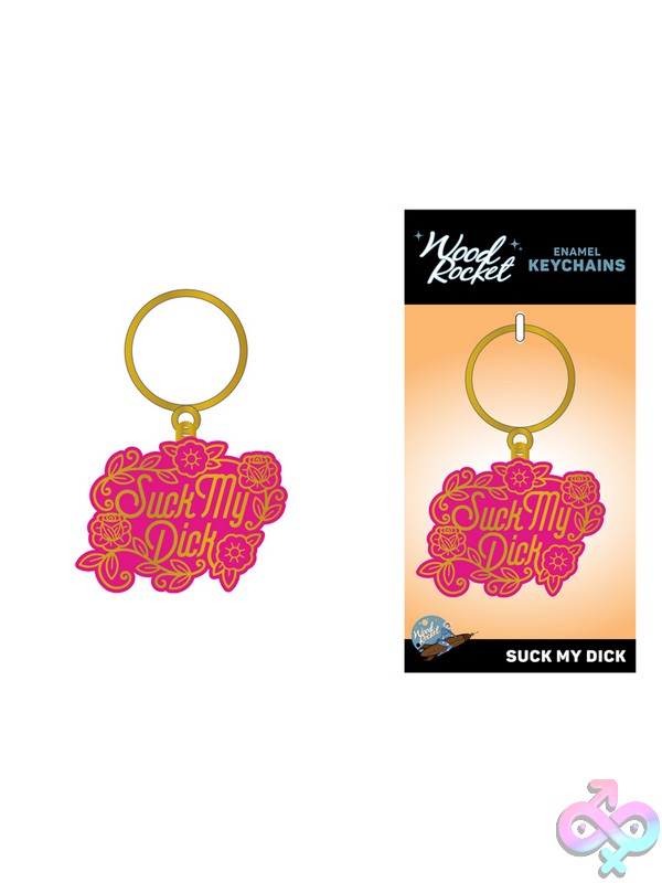 Discreet-Toys-Suck-My-Dick-Key-Chain-Nu-Key-027 Pink And Metallic Gold Novelty Enamel Key Chain By Wood Rocket