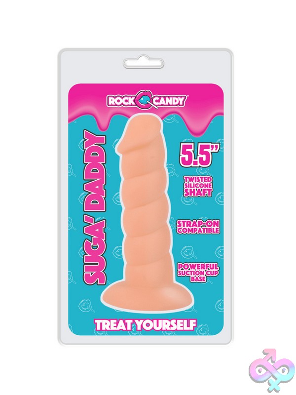 Discreet-Toys-Suga-Daddy-5-5-French-Vanilla-Nu-Rc-Sdad5-101-Fv Twisted Textured Silicone Dildo In French Vanilla Beige With Suction Cup Base By Rock Candy