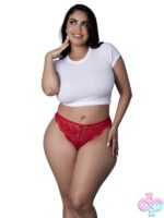 Red scalloped lace split crotch panty with satin bow by Magic Silk
