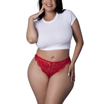 Red scalloped lace split crotch panty with satin bow by Magic Silk